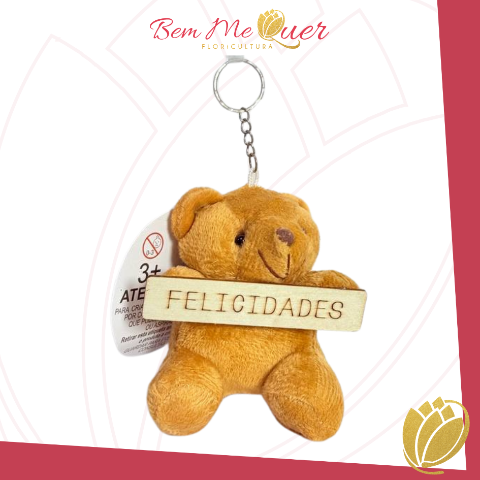 Urso agarradinho com placa FELICIDADES