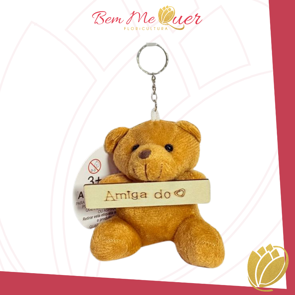 Urso agarradinho com placa AMIGA DO CORAO
